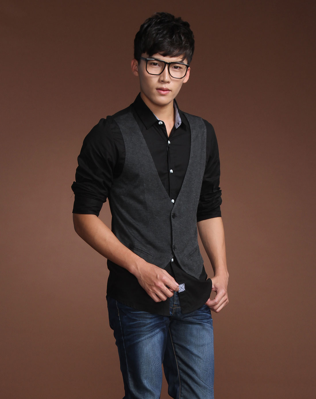 unisex男女装黑色假马甲中袖翻领衬衫15131109_唯品会