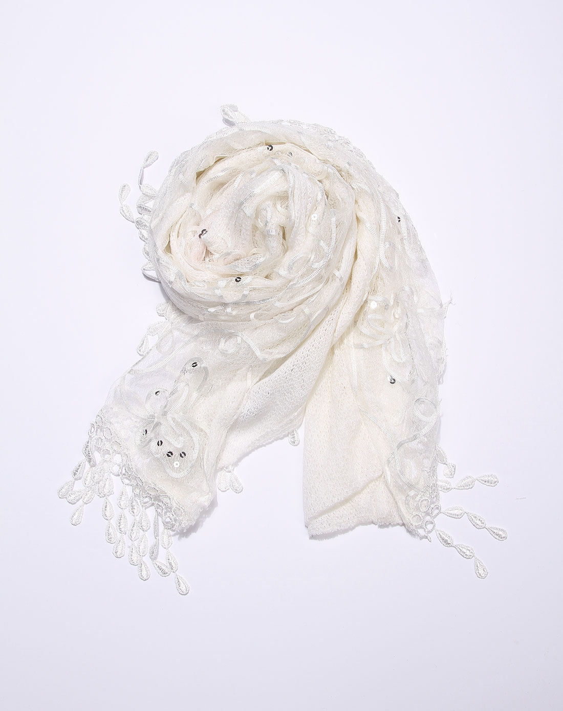 白色手工亮片绣蝴蝶流苏花边围巾