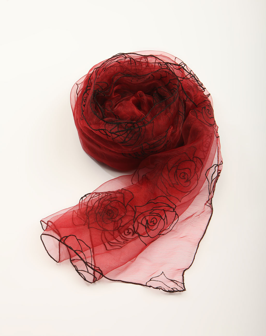 绛红色立体植绒玫瑰花围巾