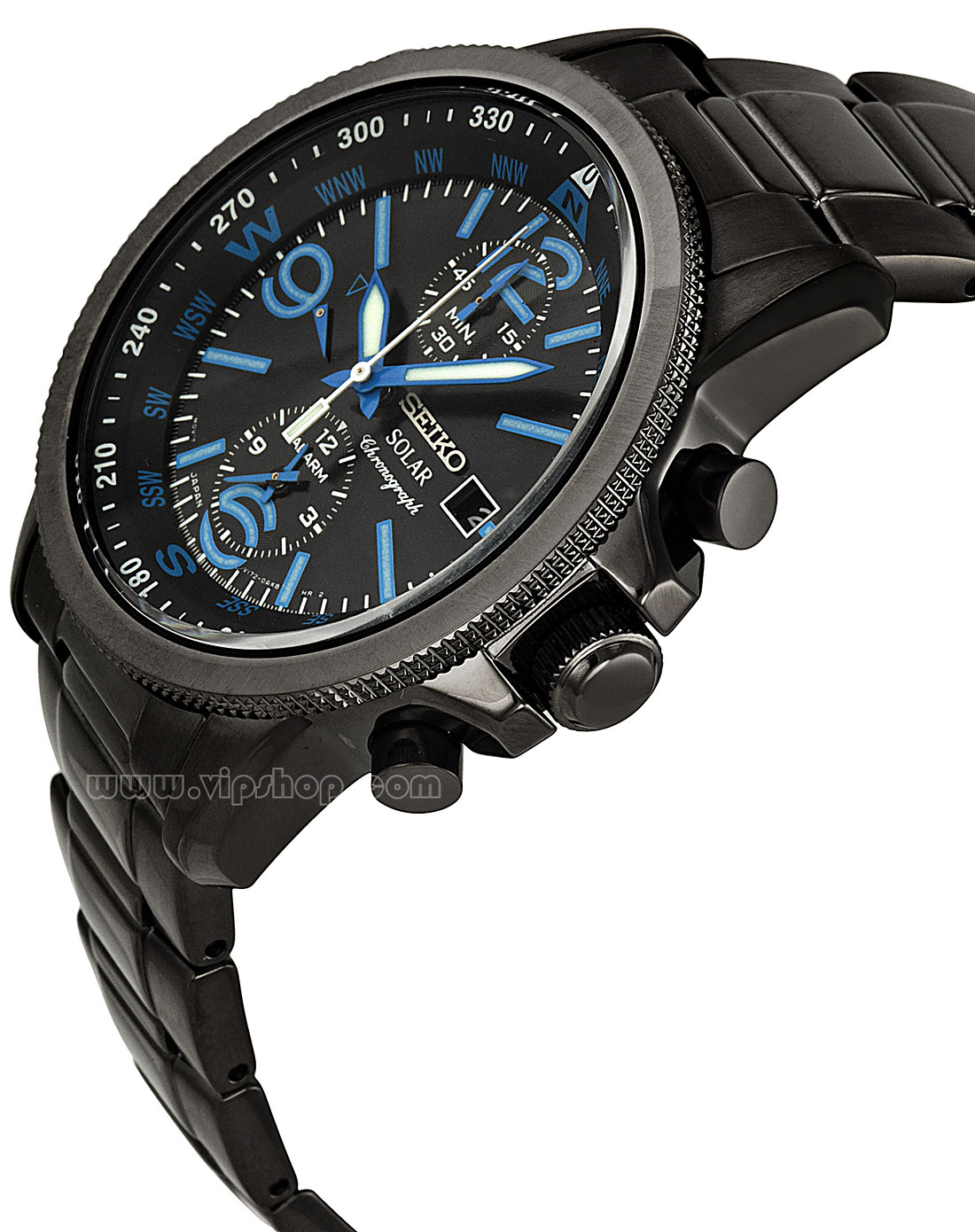 精工型男必备蓝色冷光标识休闲三表盘计时石英男表黑色se-ssc079_唯品