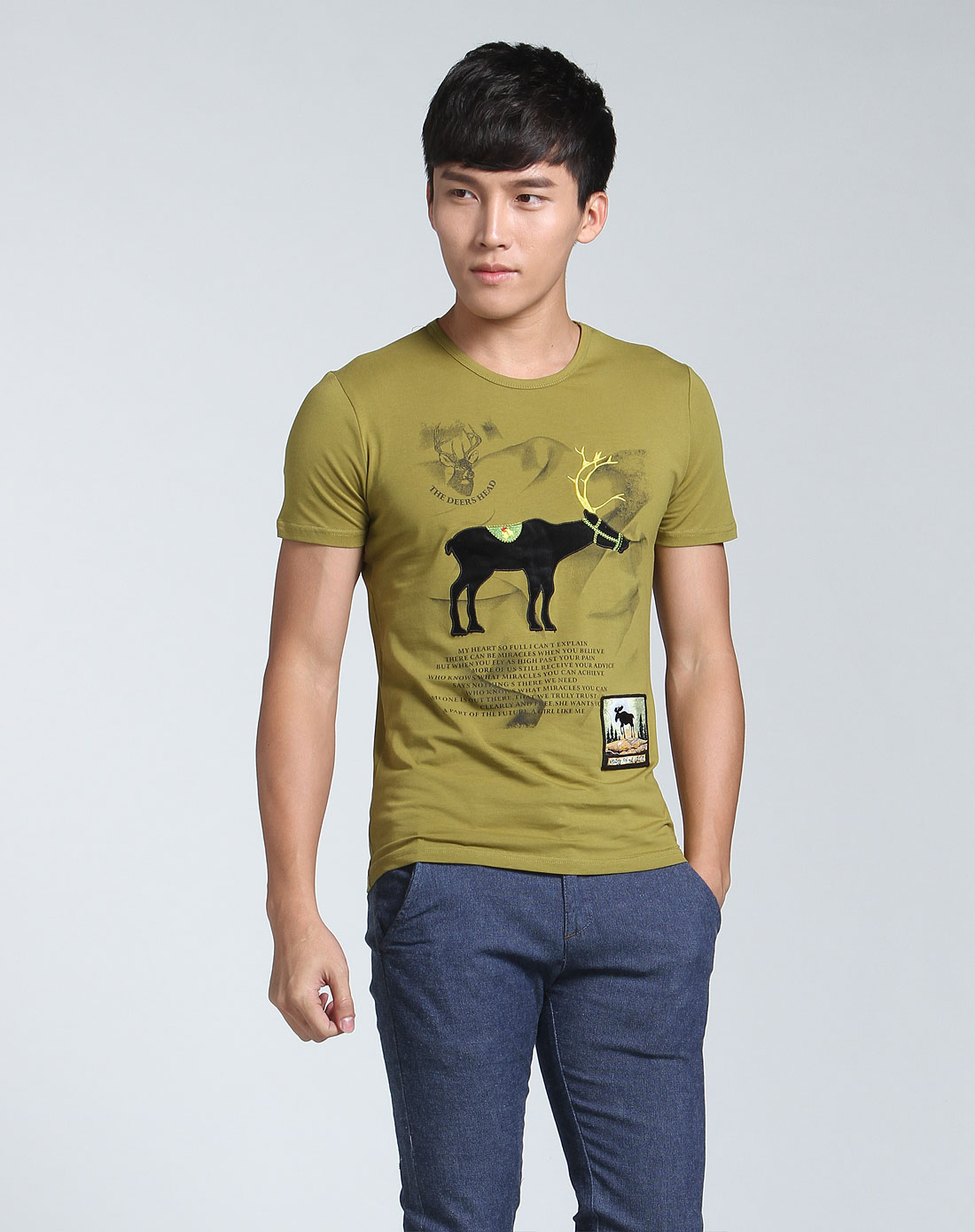刺绣鹿图案橄榄绿色圆领短袖t恤