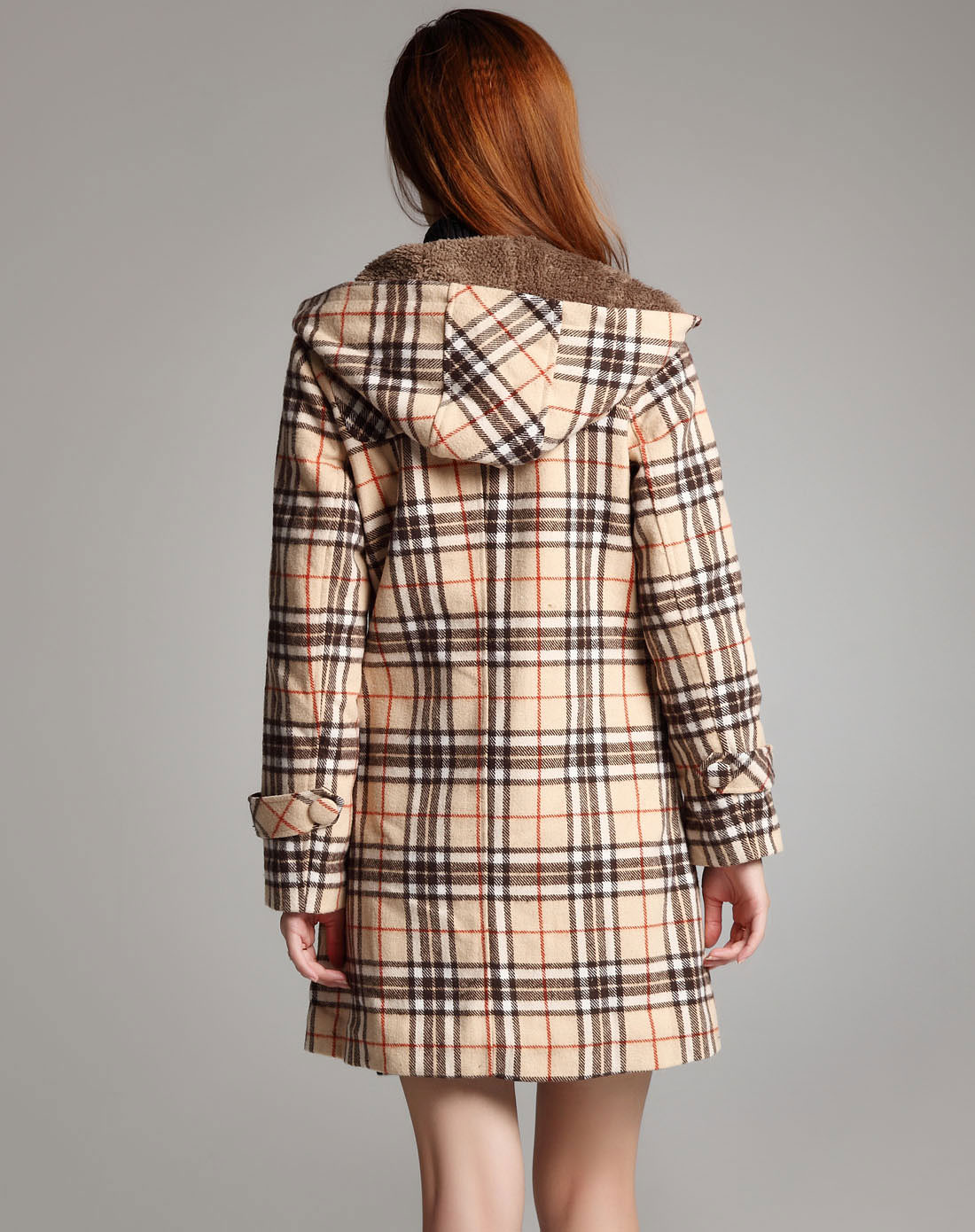 经典英伦格子牛角扣羊羔绒呢连帽大衣