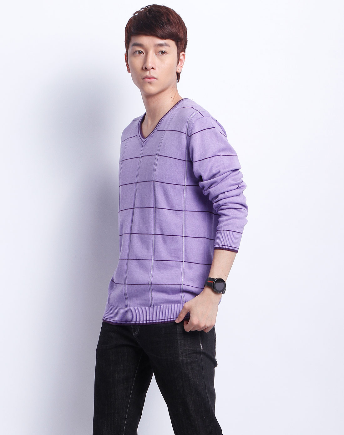 左岸zuoan男装专场 淡紫色v领格仔长袖毛衫