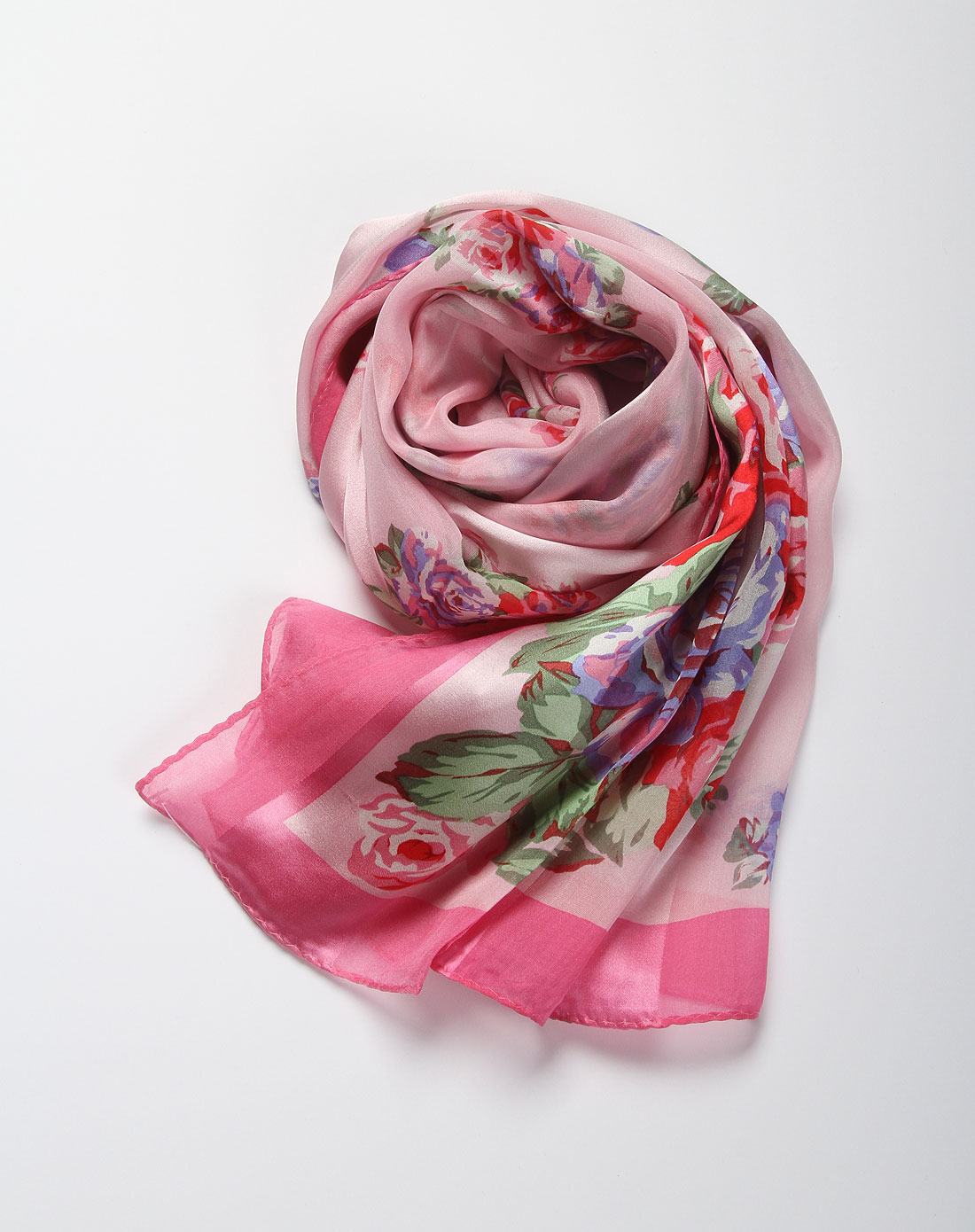 魅力时尚粉色多彩印花真丝围巾