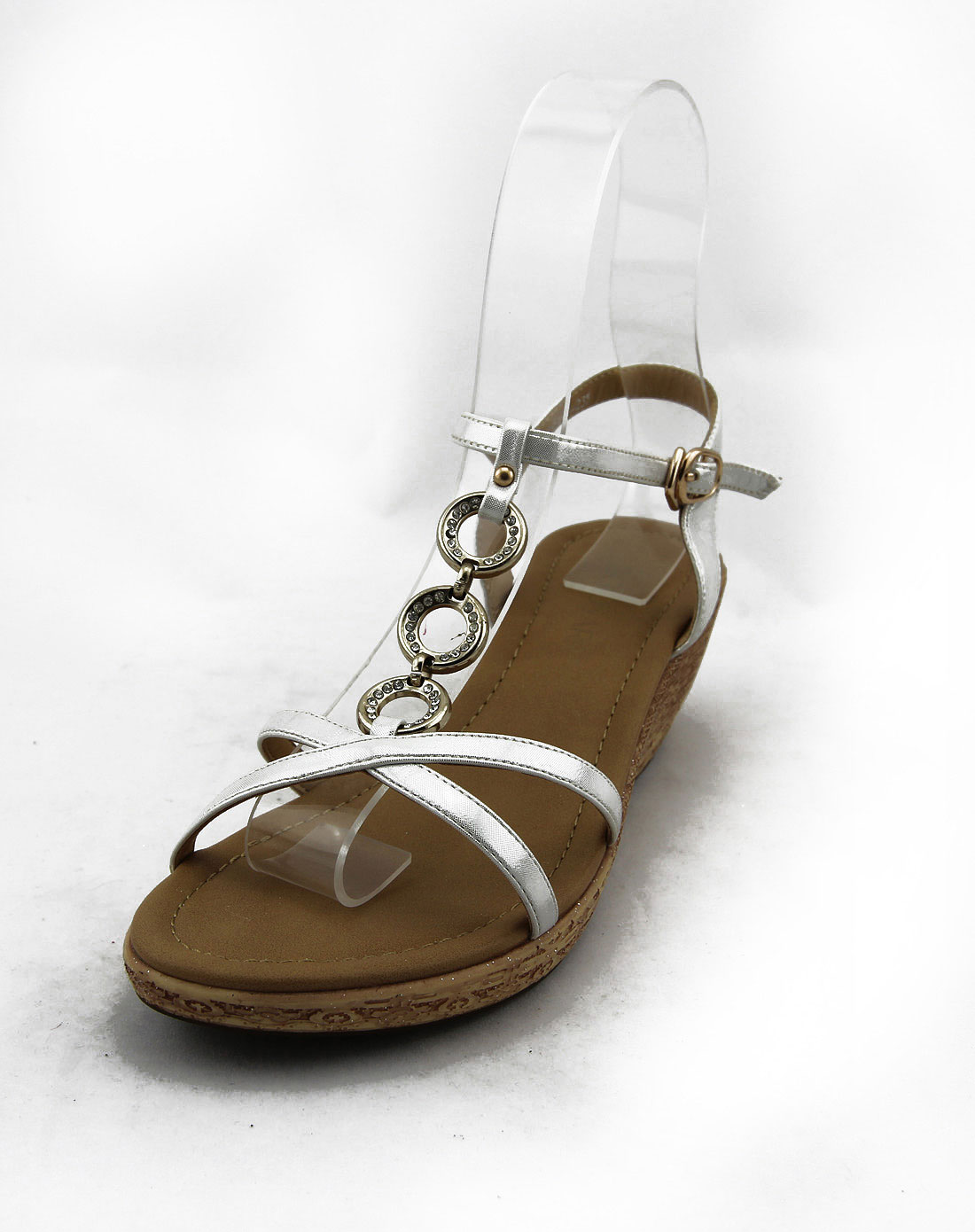 女款白色布纹坡跟凉鞋