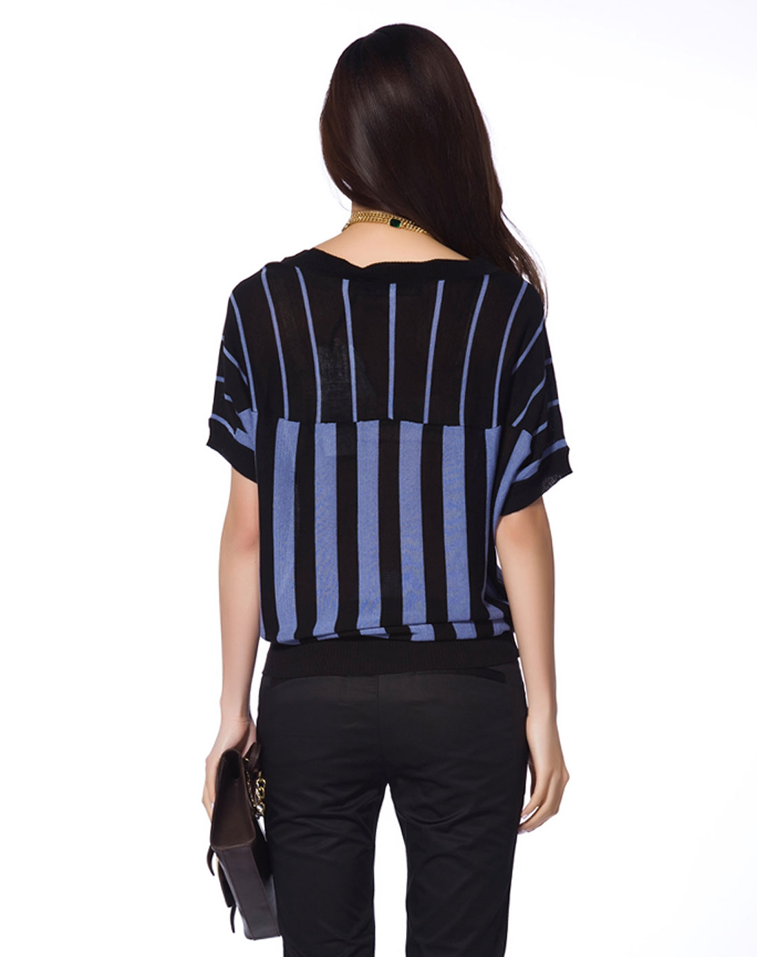 休闲蓝黑色相间短袖针织衫