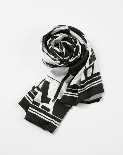 黑白色真丝个性字母印花长丝巾
