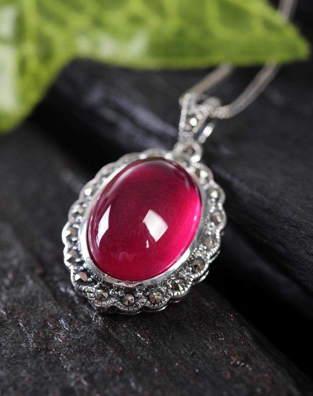 女款玫红色天然红刚玉s925纯银项链