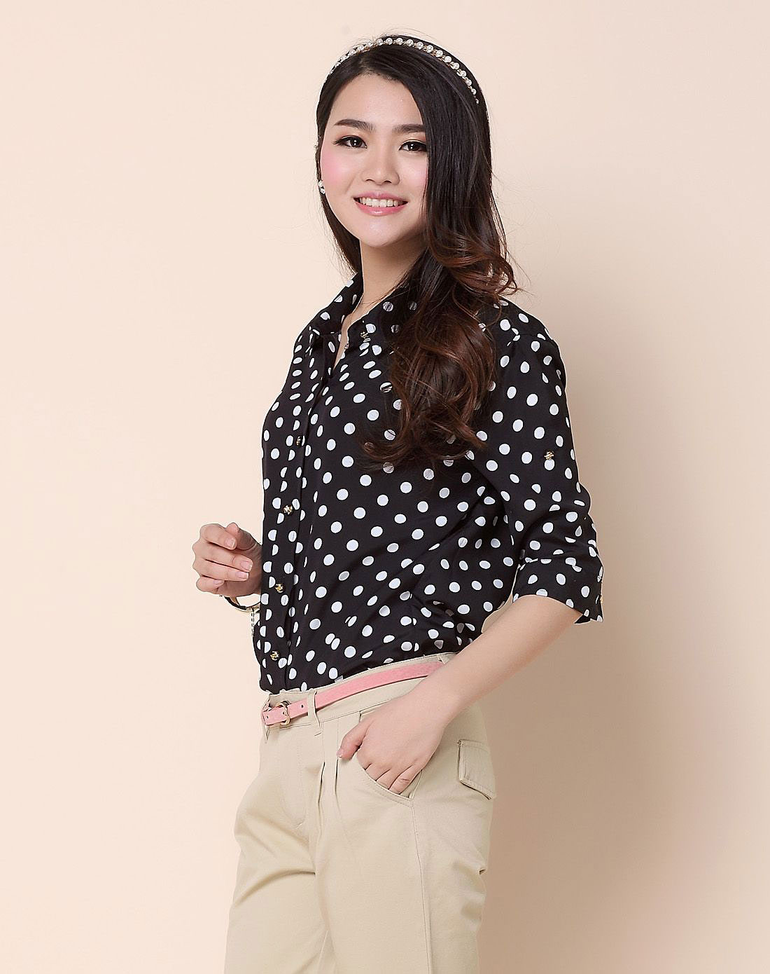 女式黑色宽松圆点衬衫