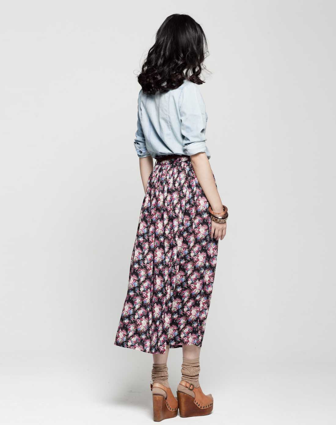 田园风情碎花长半裙-红印花