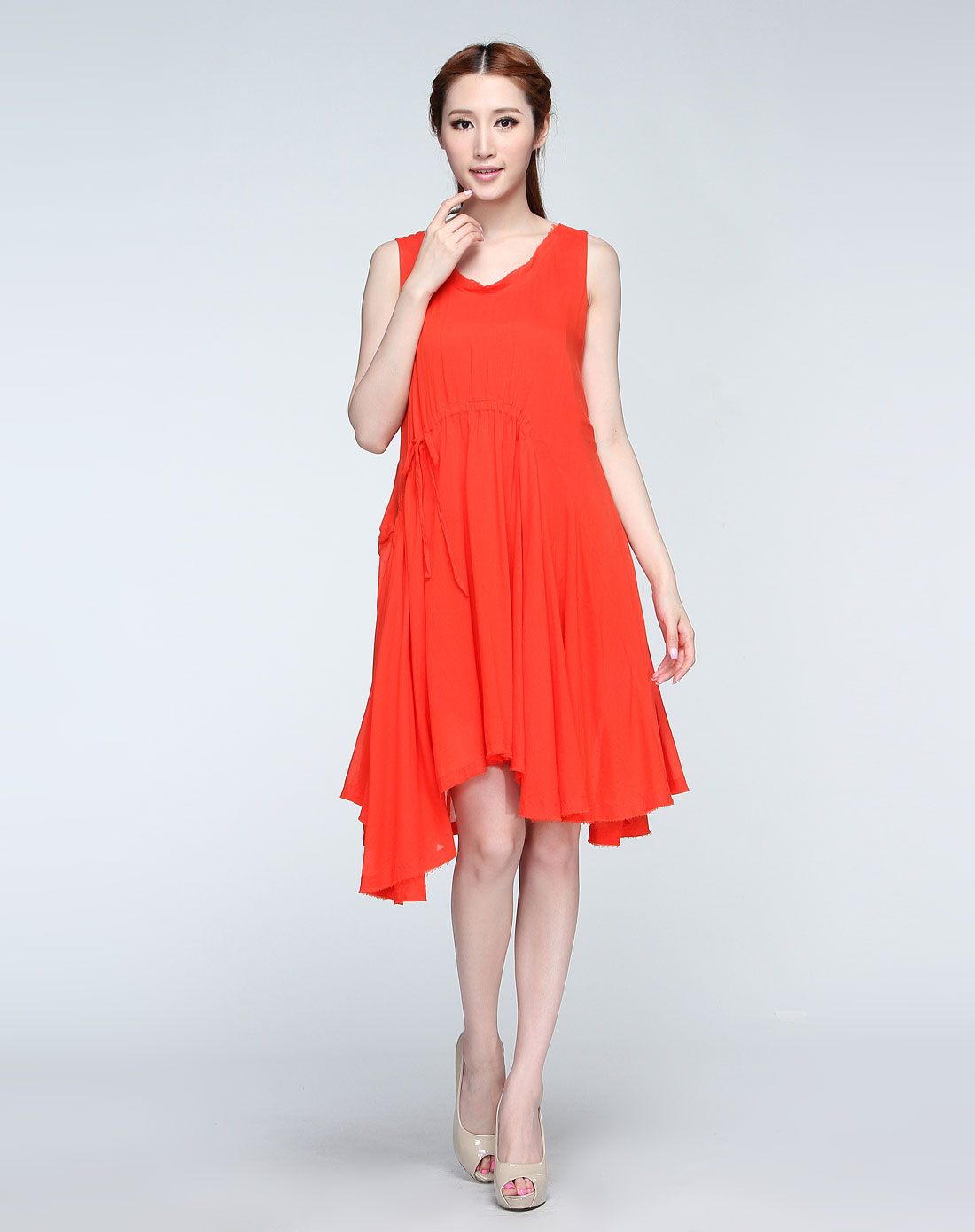 橙红色纯色优雅气质无袖连衣裙