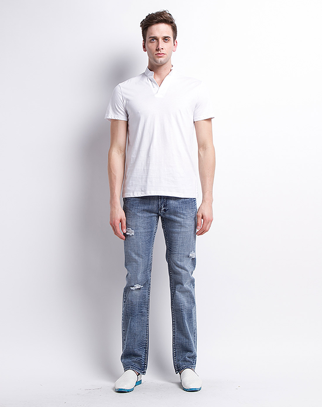 男款白色立领短袖t恤