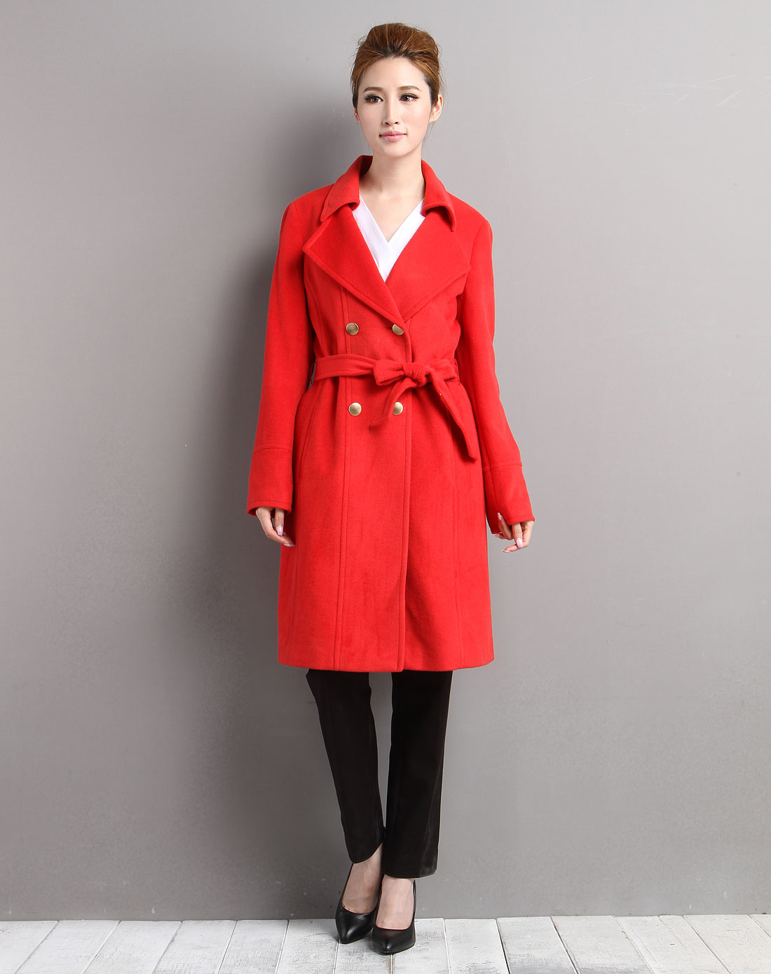 简单时尚双排扣红色长袖大衣