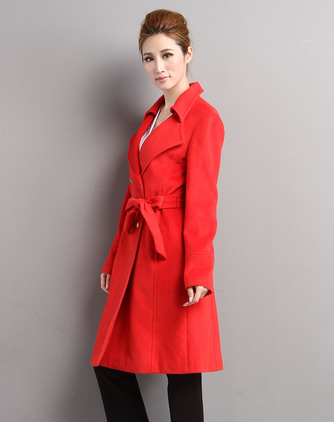 简单时尚双排扣红色长袖大衣