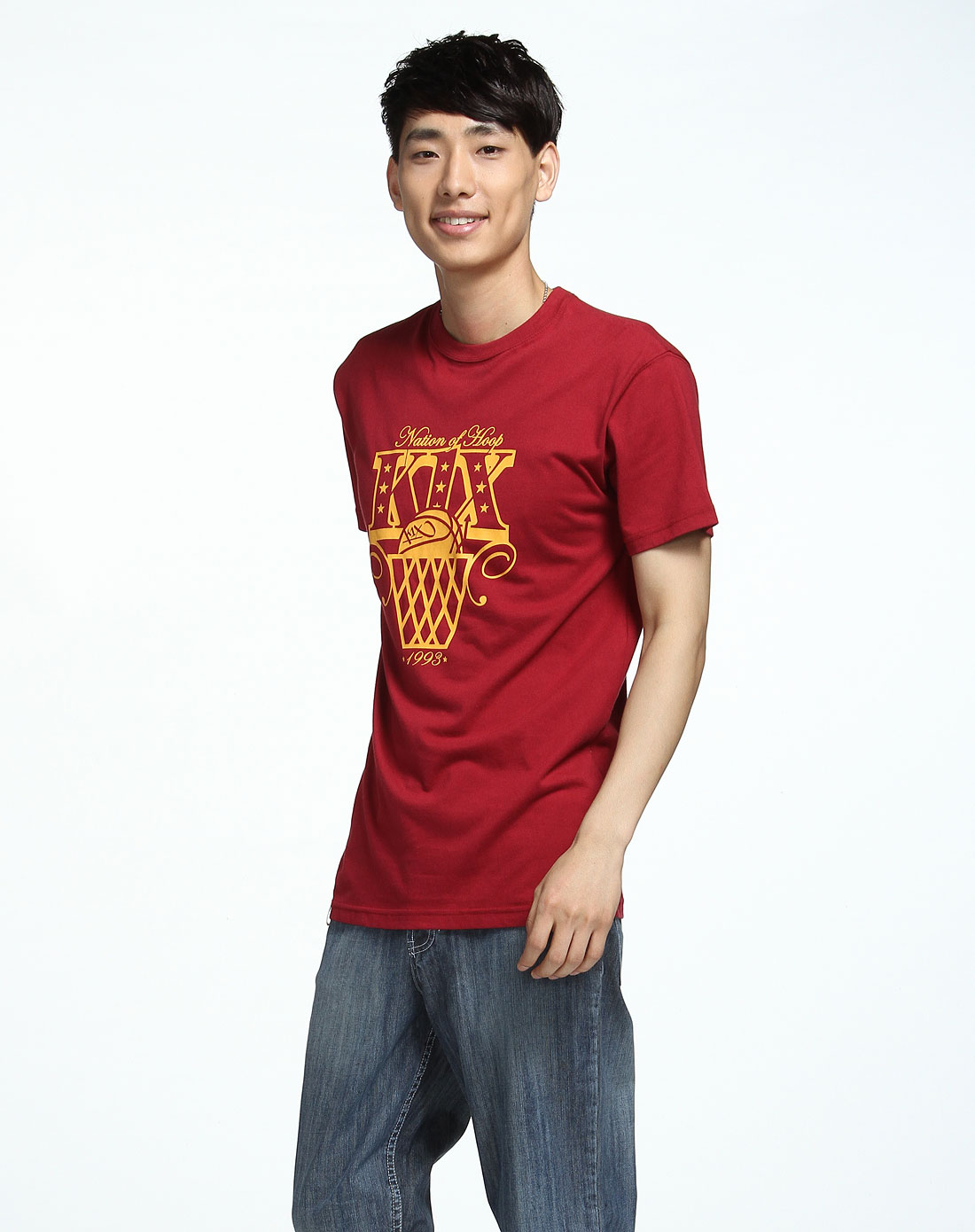 男款街头艺术印字深红色短袖t恤