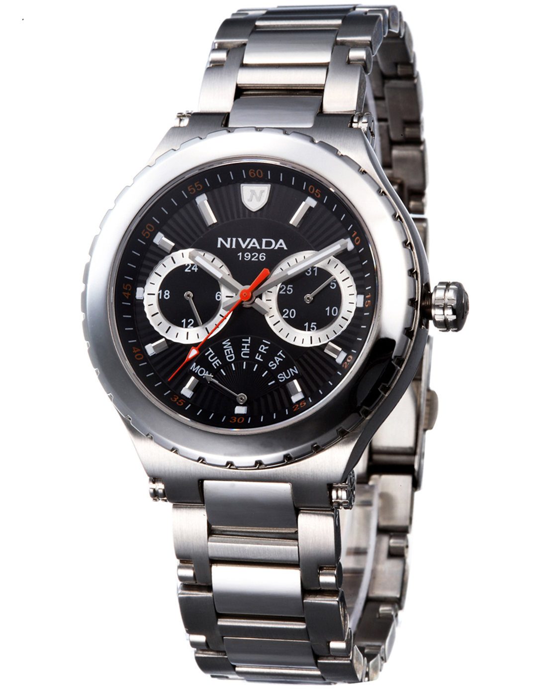nivada 男款银/黑色多功能钢带石英表