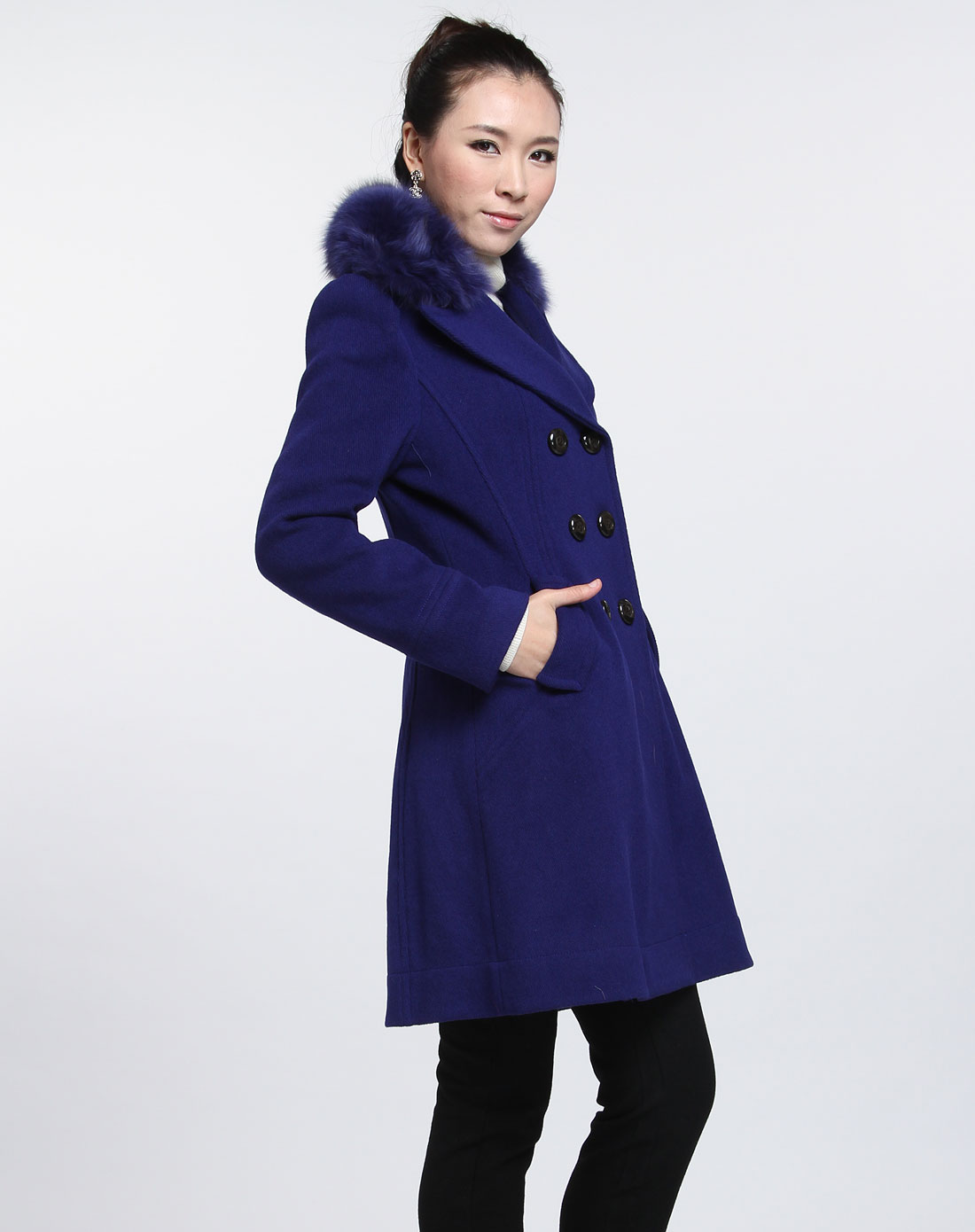 女款宝蓝色双排扣长袖大衣