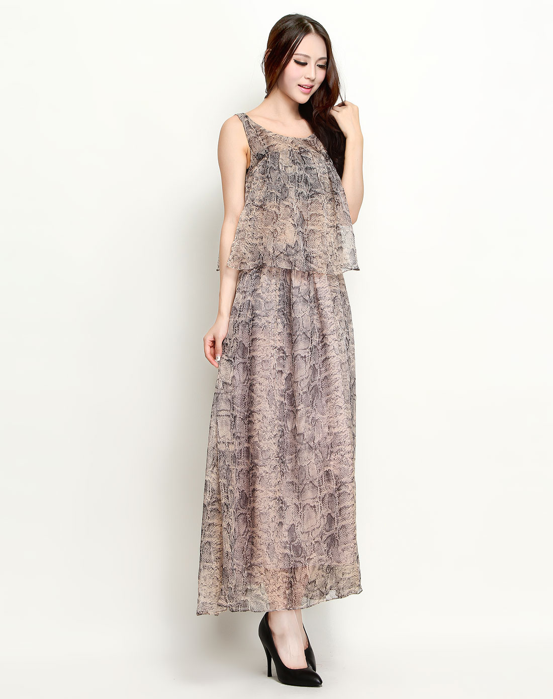 灰色蛇纹时尚无袖连衣长裙