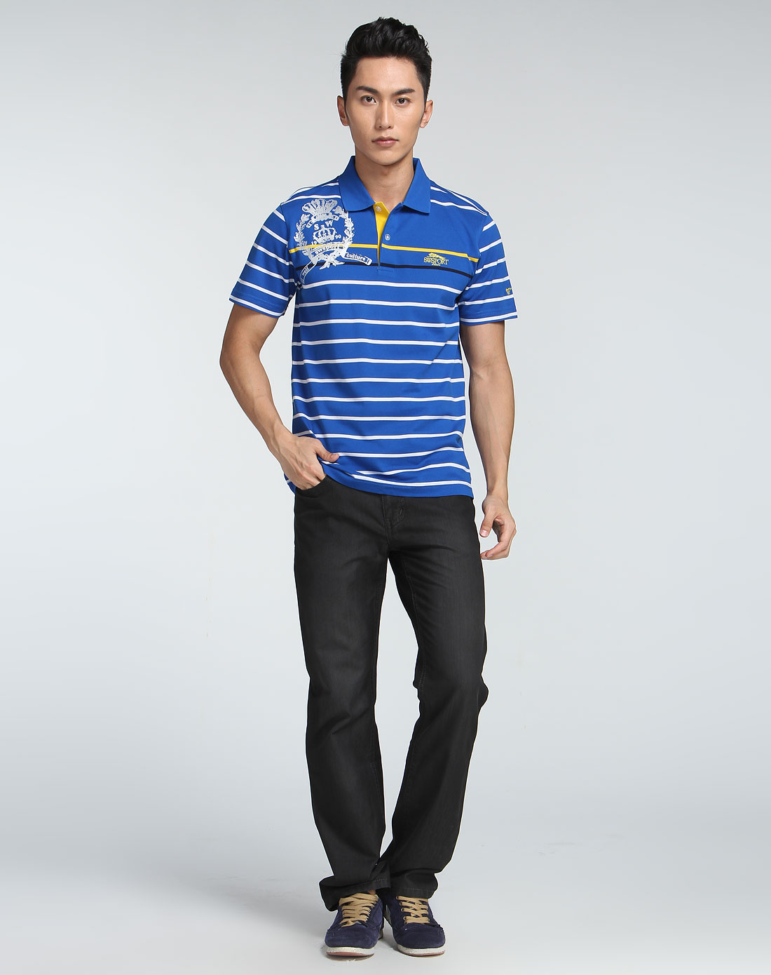 印花蓝白色条纹短袖polo衫