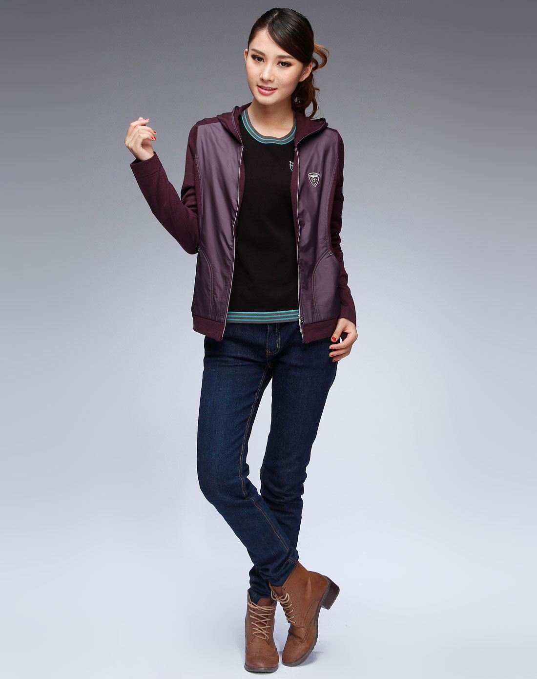 比音勒芬-女装-深紫色休闲连帽长袖风衣