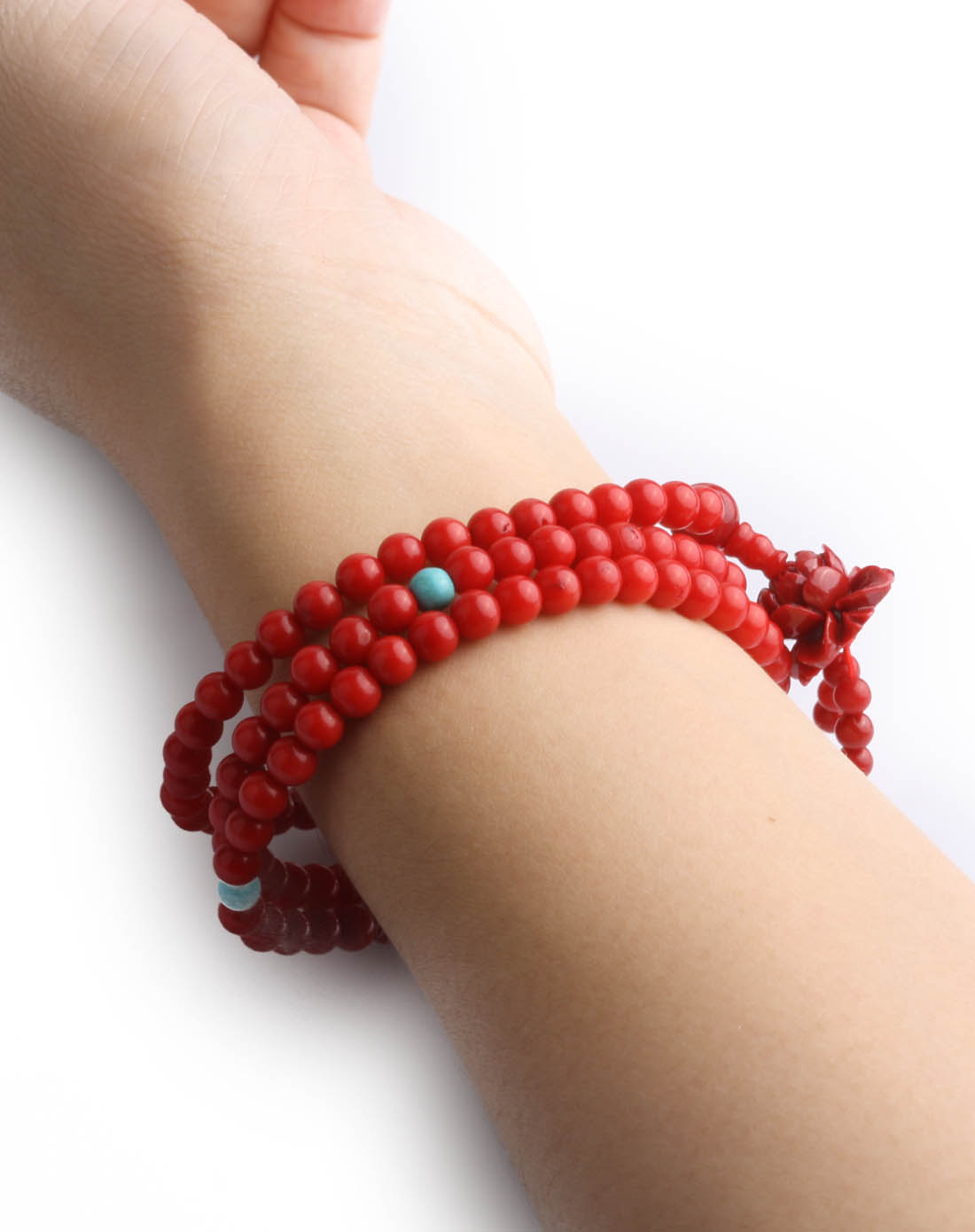 合成红珊瑚佛珠手链绕手3圈