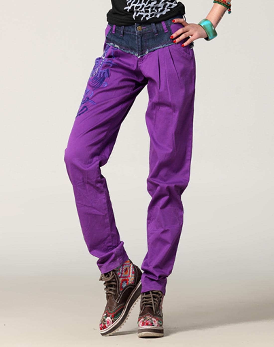 裂帛 紫色毛边拼接休闲牛仔裤