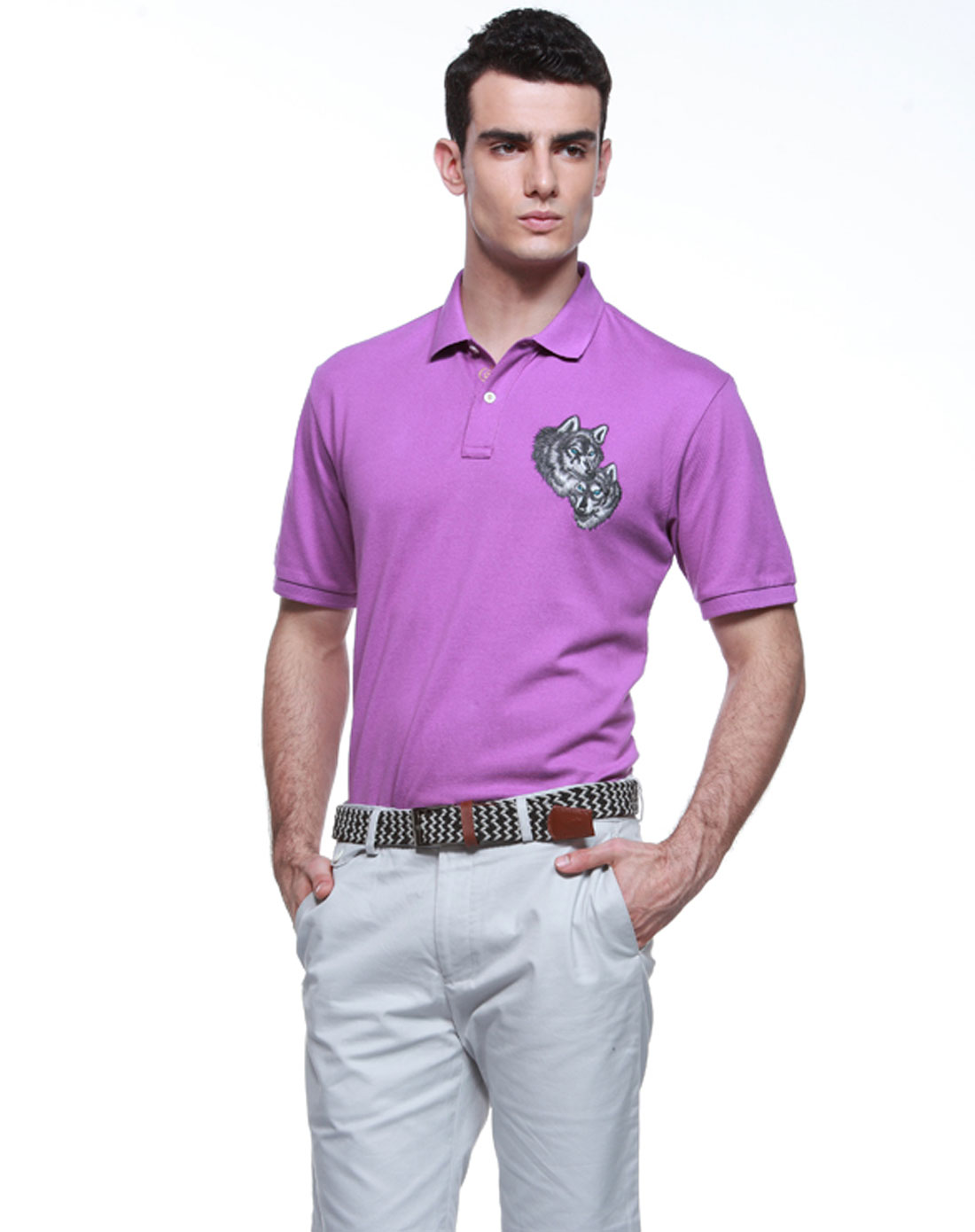 绛紫色大狼头多彩短袖翻领t恤