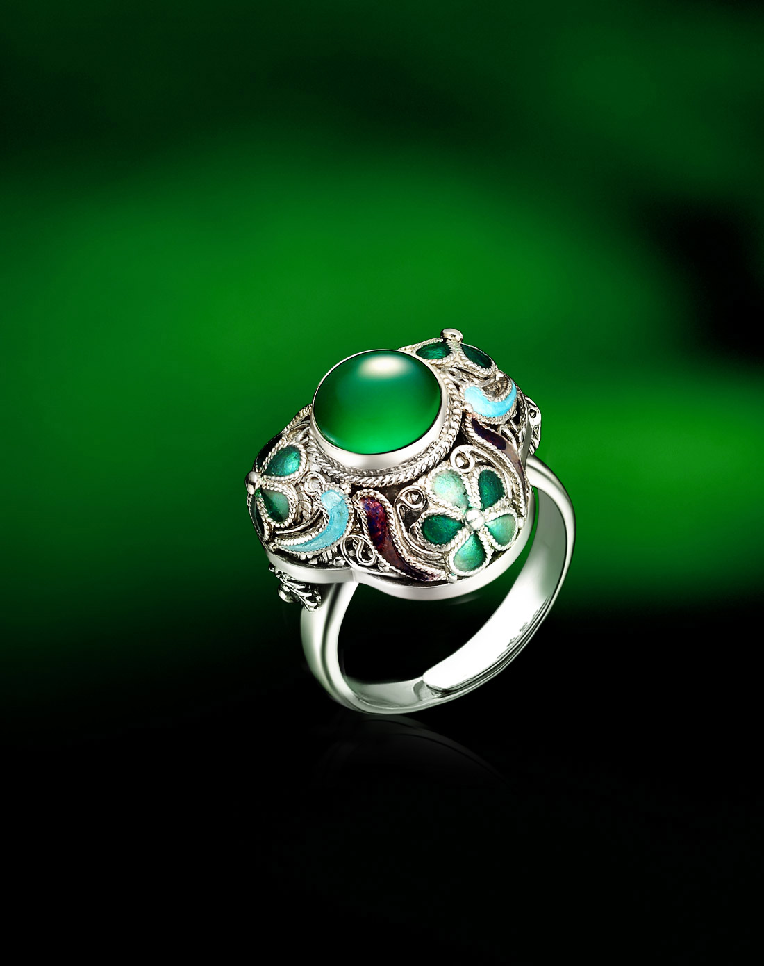 > (码数有误)燕京八绝 纯手工精制花丝镶嵌烧蓝 绿玛瑙戒指