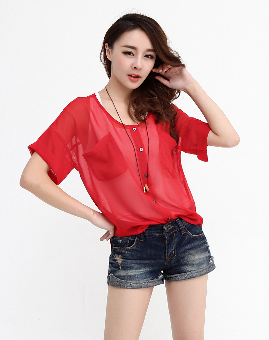 韩都衣舍hstyle女装专场-红色短袖雪纺衫