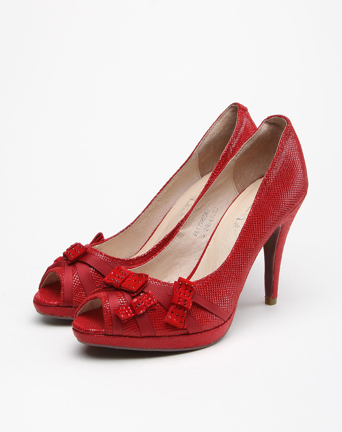 红色闪亮蜥蜴纹高跟鱼嘴鞋