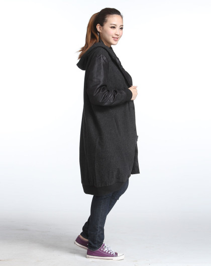 女款连帽深麻灰色长袖长款梭织外套