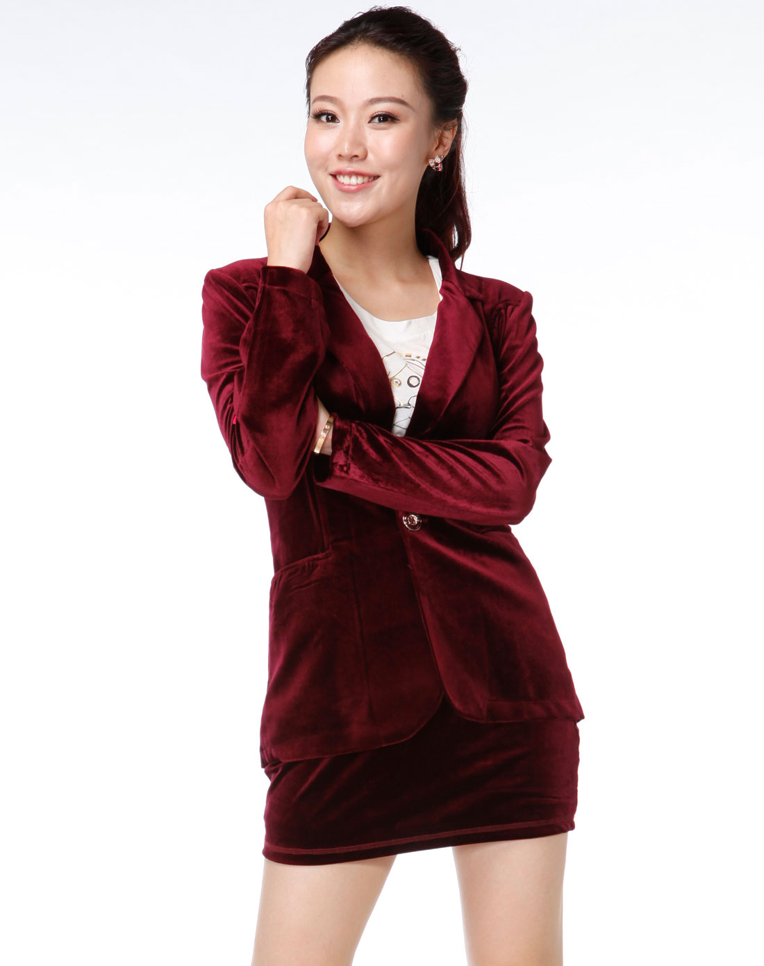 女款枣红色中长款天鹅绒西服