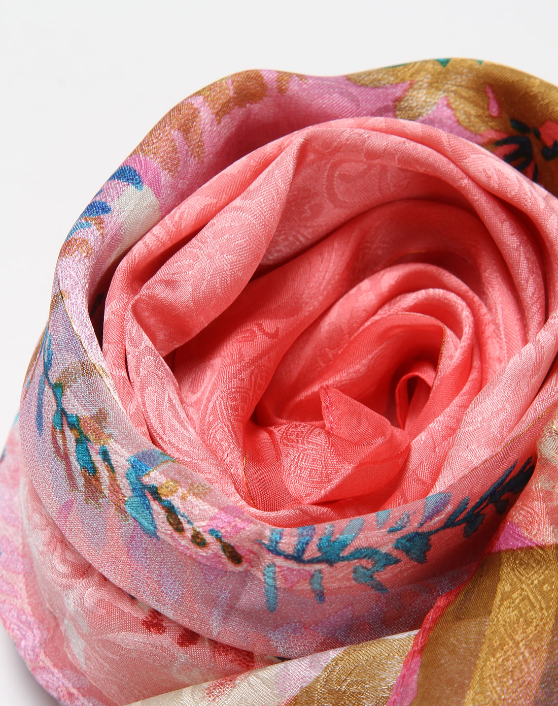 浅红色多彩花朵罗纹100%桑蚕丝围巾