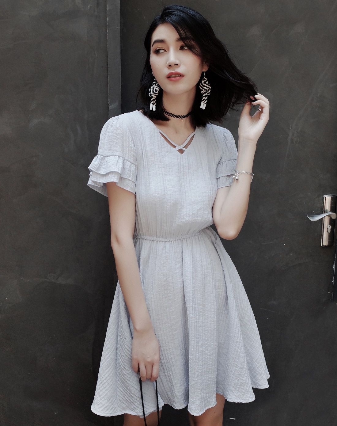 女款灰蓝时尚甜美连衣裙