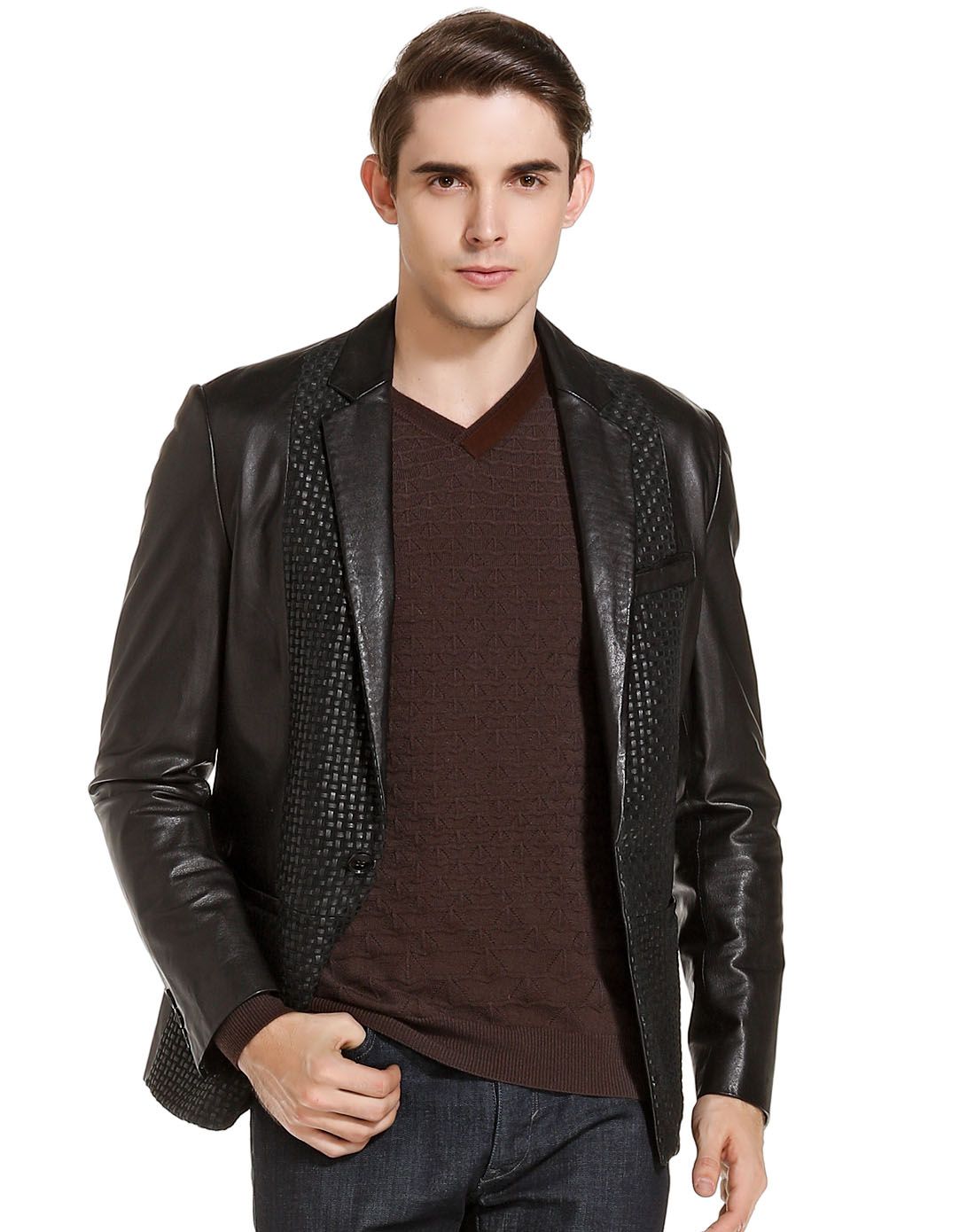 依文&诺丁山男装诺丁山黑色时尚帅气长袖皮衣nh83380051_唯品会