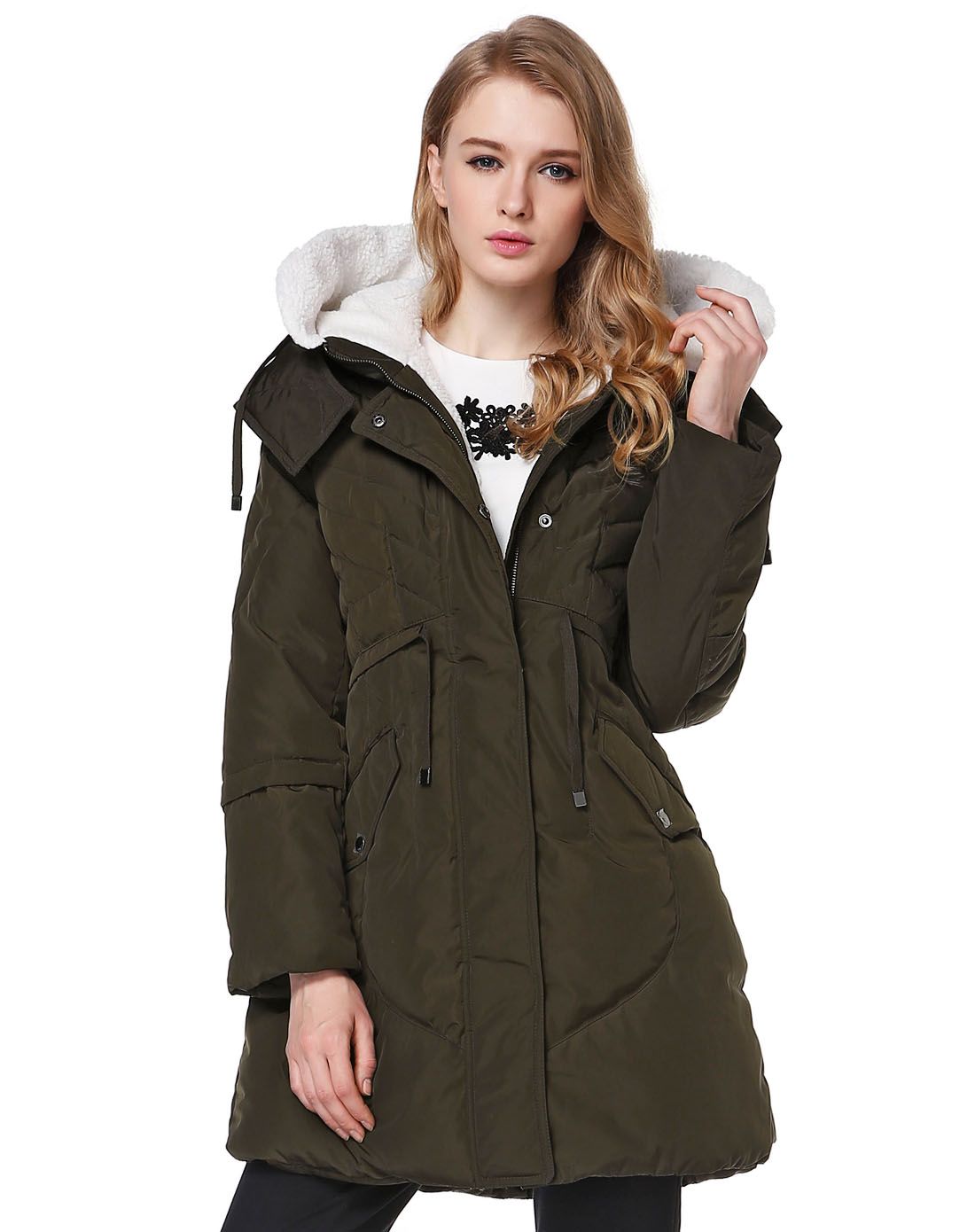 深卡其绿色连帽欧美风长款长袖羽绒服