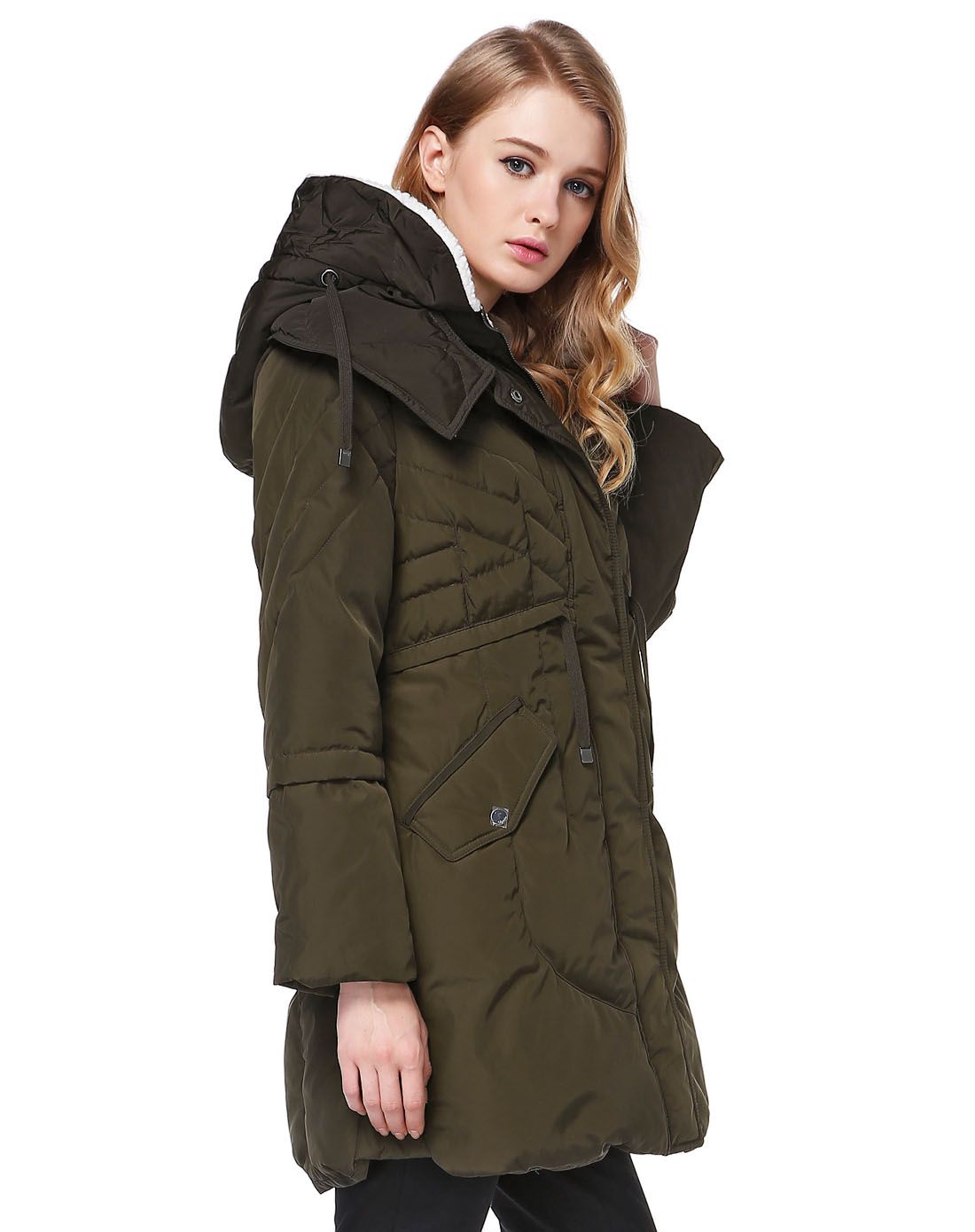 深卡其绿色连帽欧美风长款长袖羽绒服