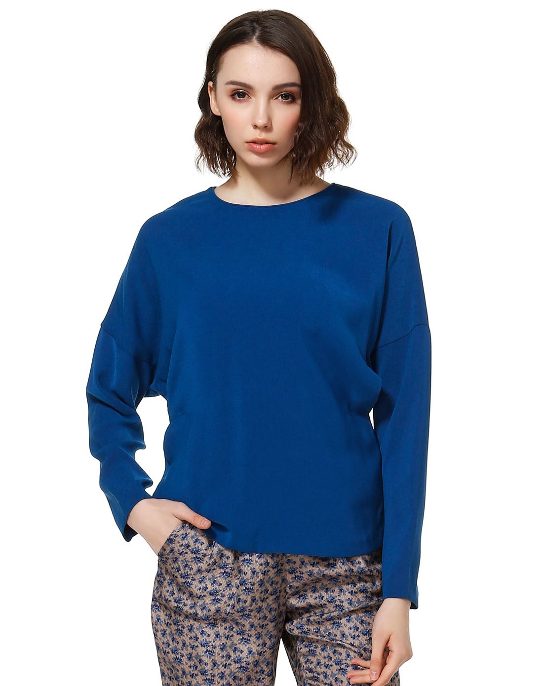 玛丝菲尔marisfrolg湖蓝色时尚简洁百搭长袖上衣a11342601_唯品会