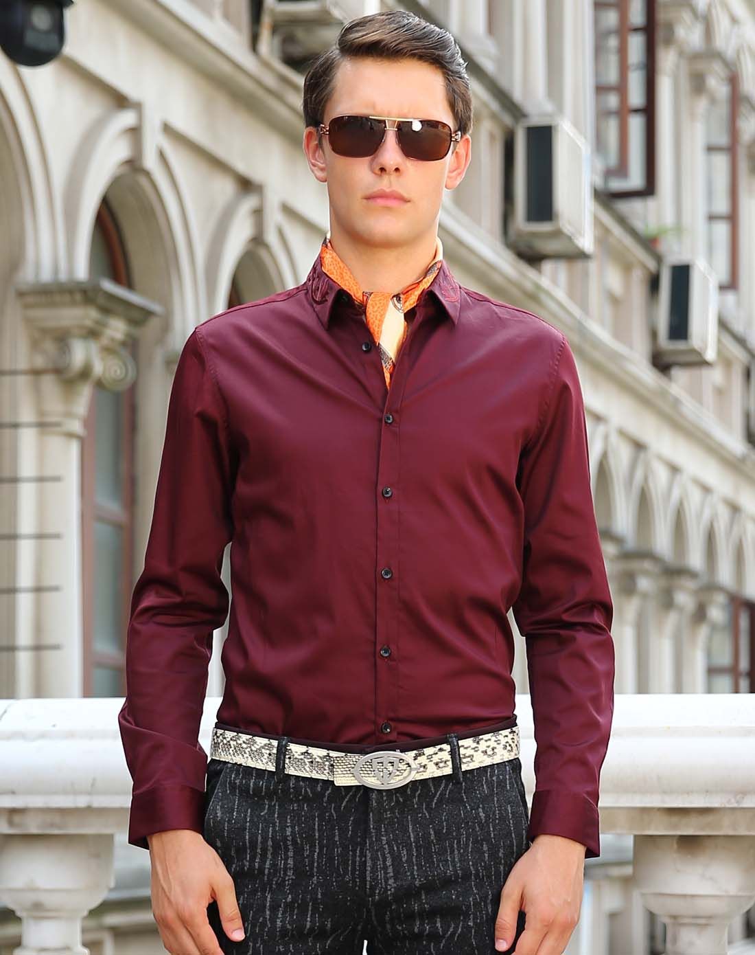 莫畏轻奢男士酒红色英伦休闲长袖衬衫