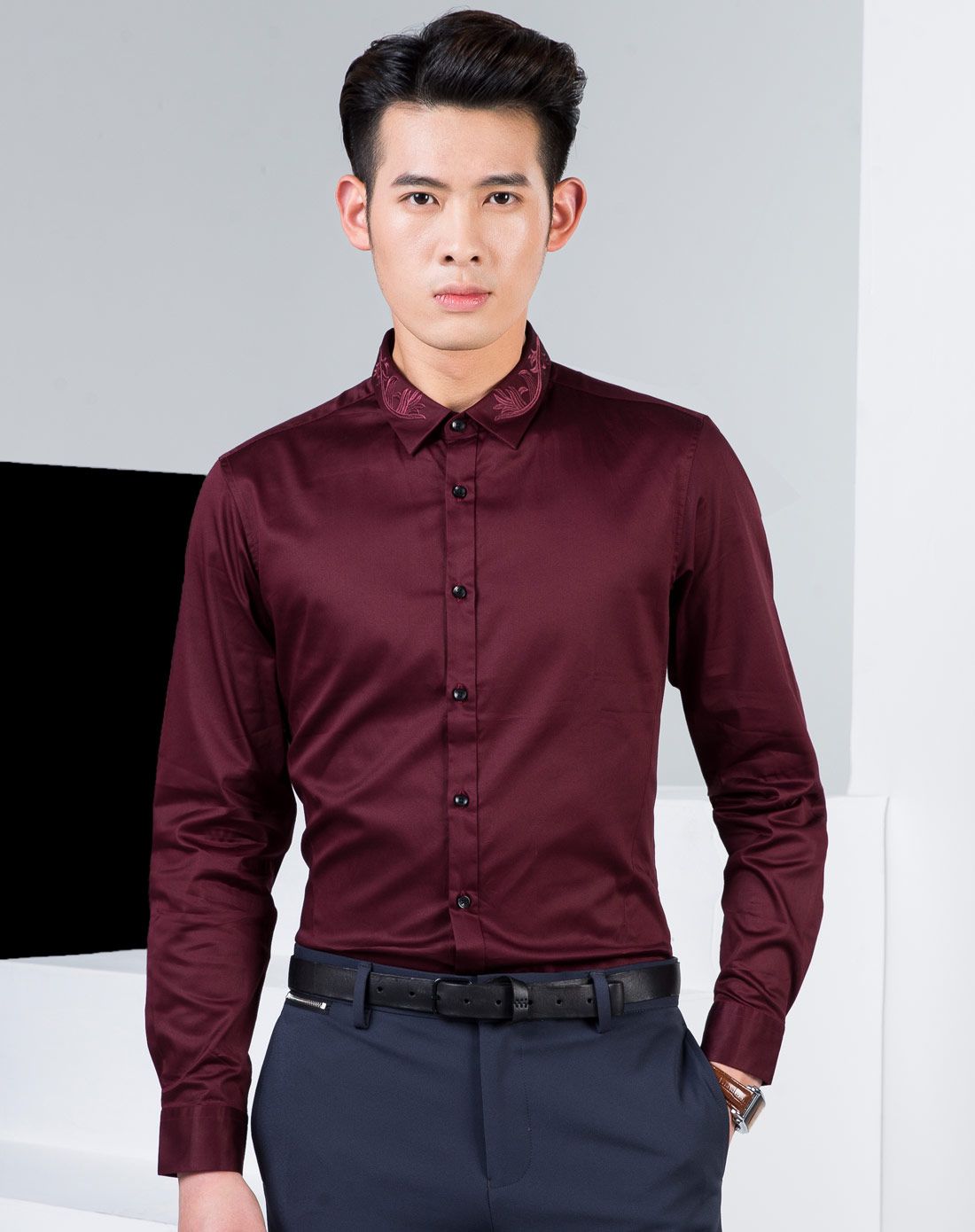 莫畏轻奢男士酒红色英伦休闲长袖衬衫