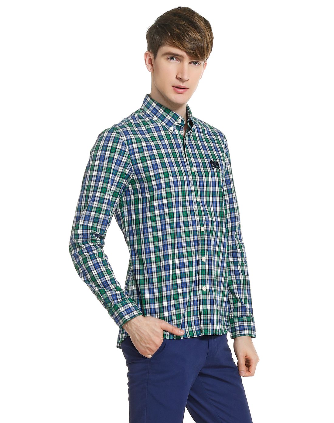 男款绿/蓝色英伦风时尚长袖衬衫