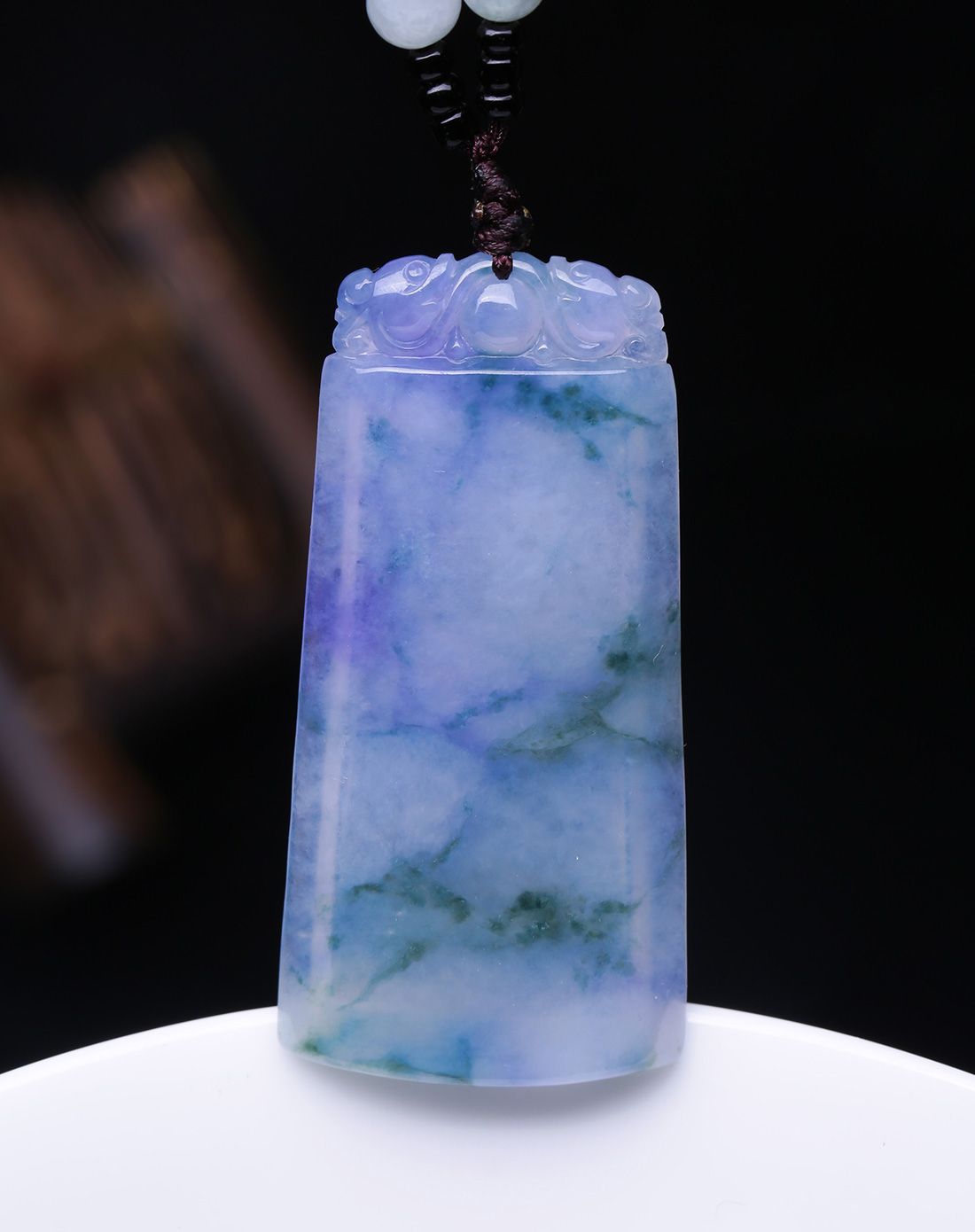 天然a货老坑冰糯种紫罗兰飘蓝花平安牌吊坠