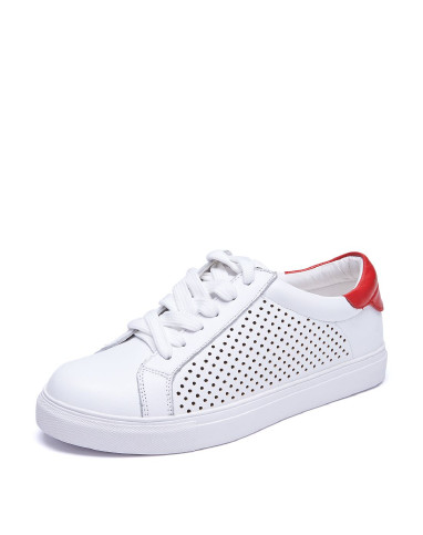 redess2016新款白/红头层牛皮打孔透气青春时尚小白鞋