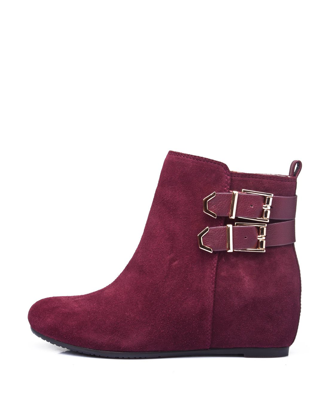女款墨红色牛反绒/牛皮中跟矮靴