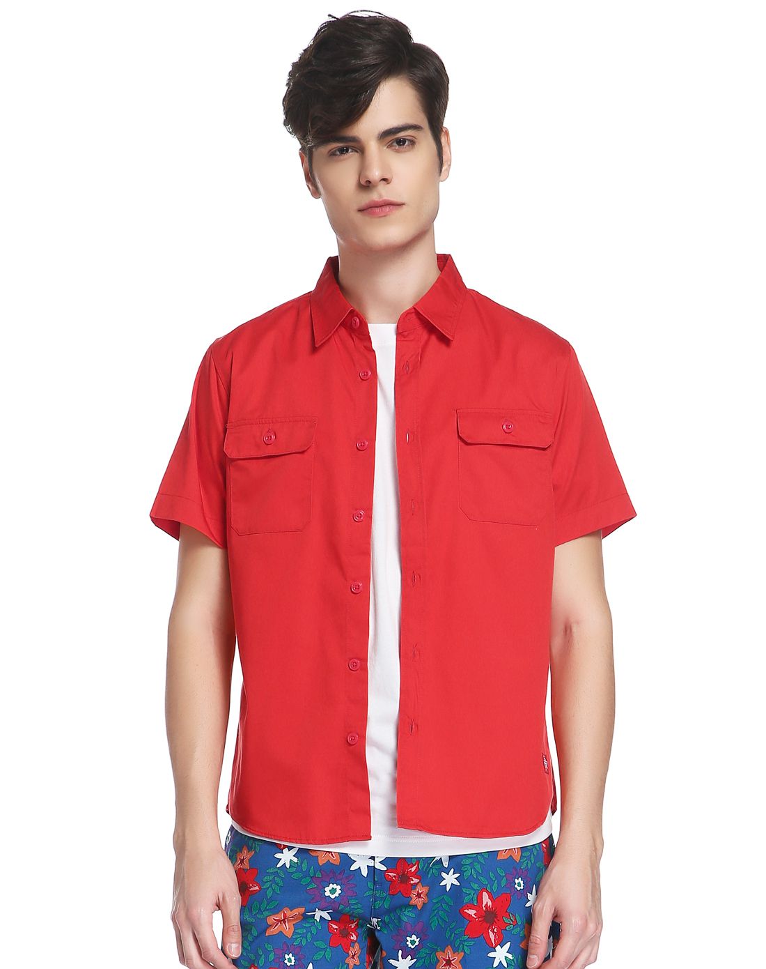 男款橘红色帅气简约短袖衬衫