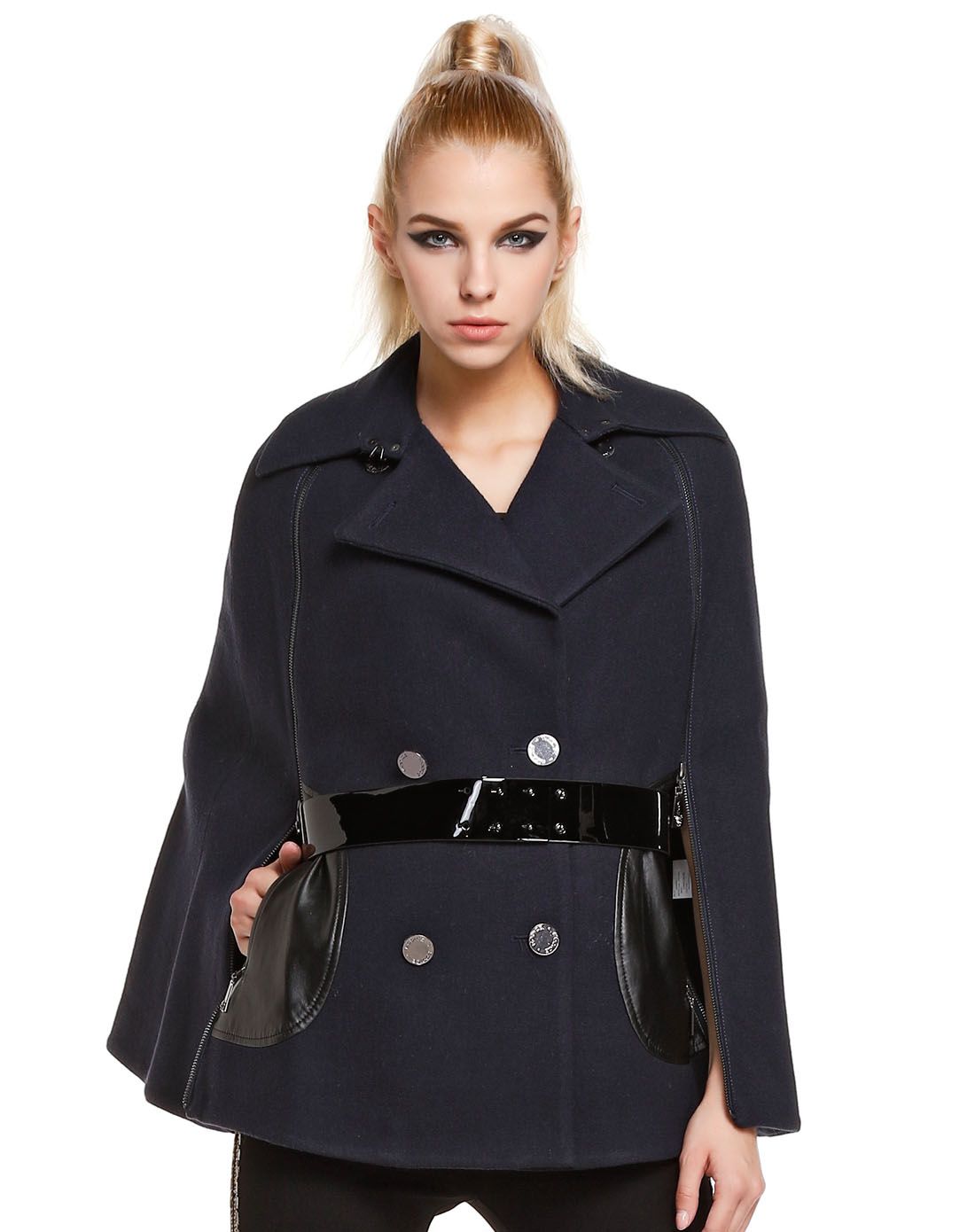 深蓝色时尚大方得体斗篷式外套