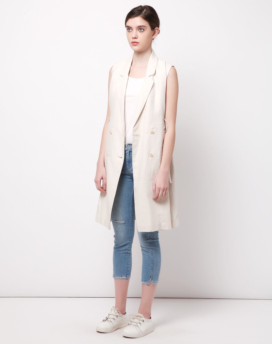 女款砂色全亚麻长马甲