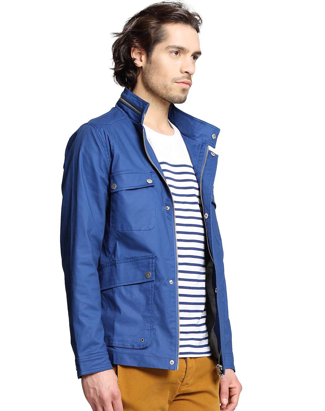 墨蓝色多袋长袖夹克外套