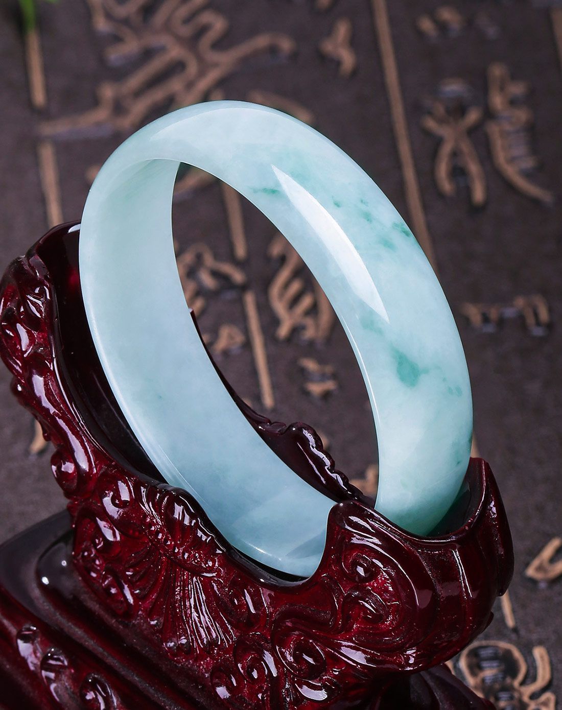 柏诗翠 新款 a货翡翠冰糯种飘蓝花手镯(小圈口)