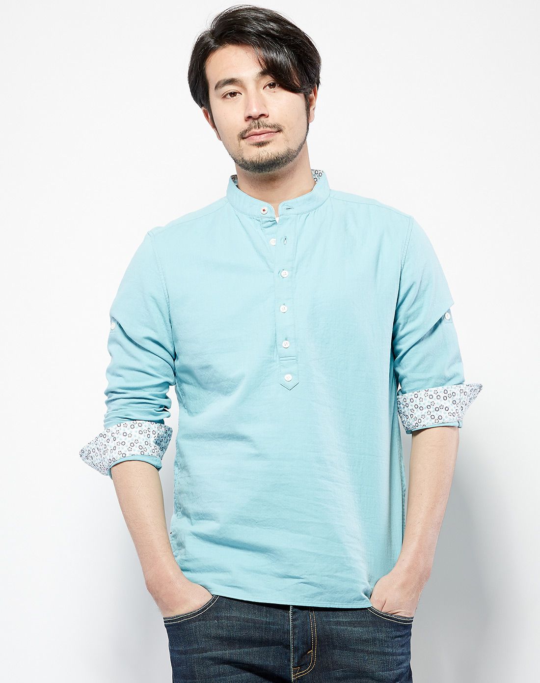 立领半开门襟休闲衬衫